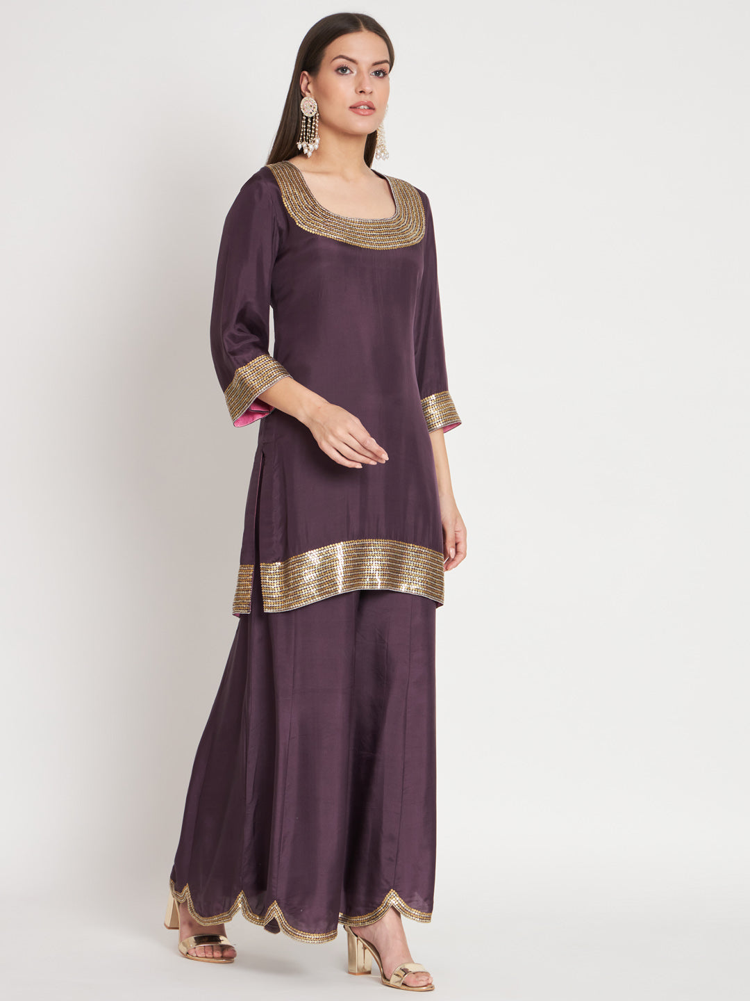 Purple and Pink Silk Kurta with Sequin Hand Embroidery