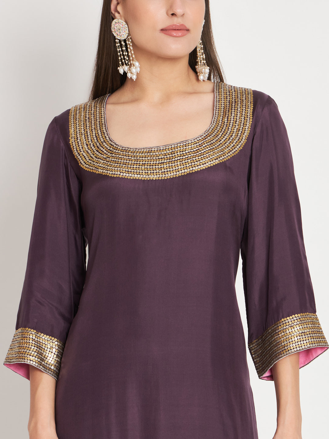 Purple and Pink Silk Kurta with Sequin Hand Embroidery
