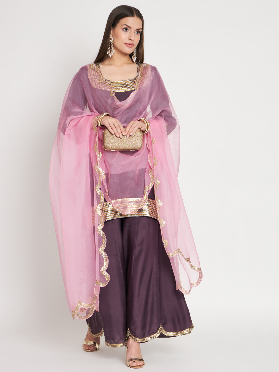 Purple and Pink Silk Kurta with Sequin Hand Embroidery