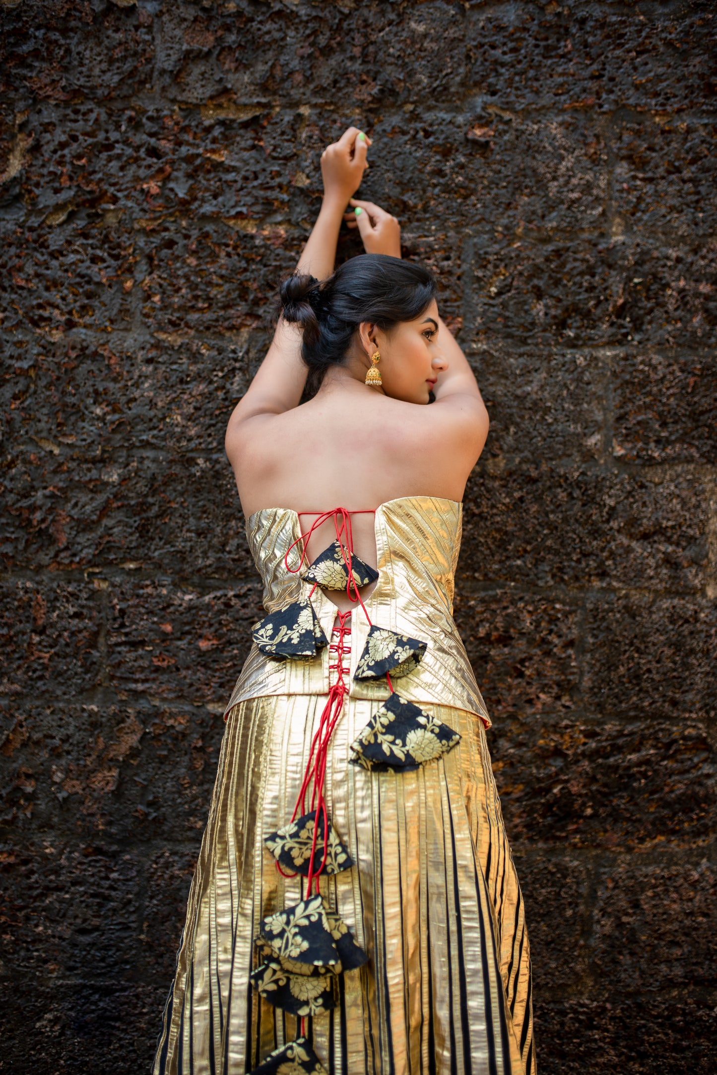 Opulent Gold Gotta Corset with Black Silk Chanderi Skirt