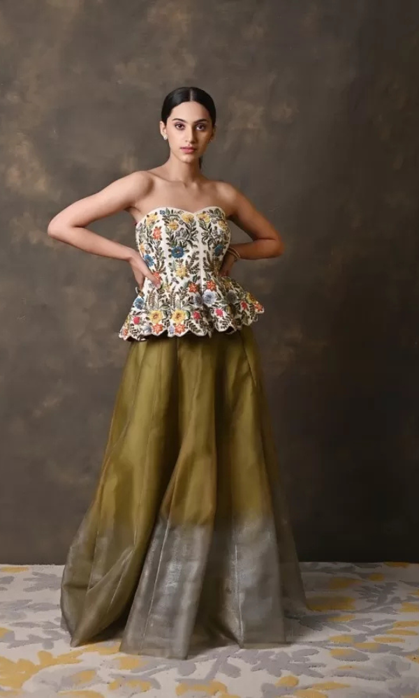 Ivory Gold Peplum Corset with skirt Set