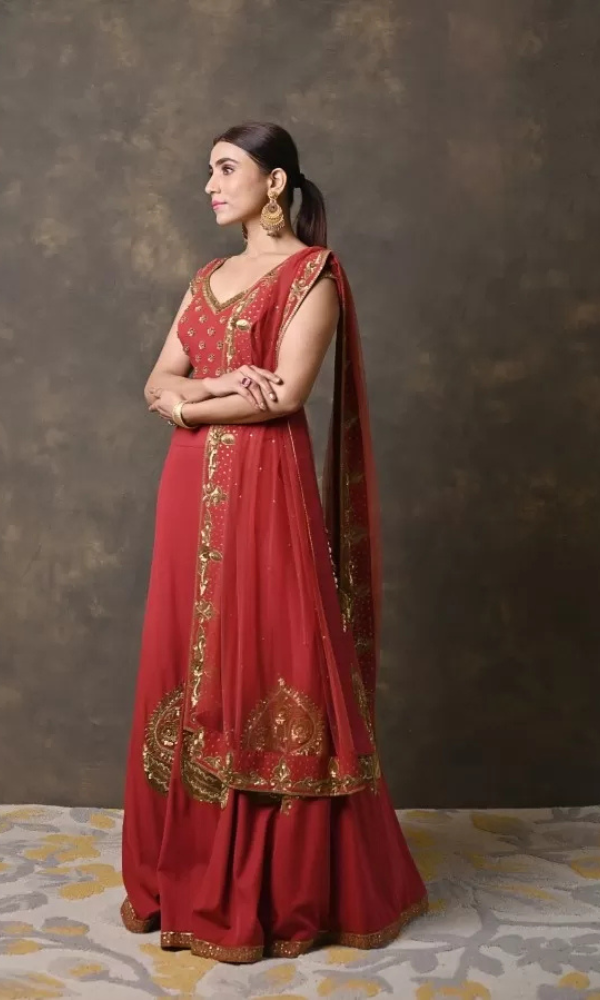 Red Zardosi Handworked Georgette Lehenga Set