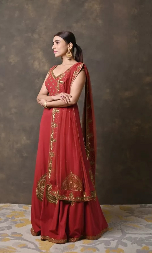 Red Zardosi Handworked Georgette Lehenga Set