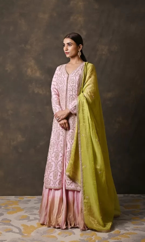 Pink Pure Silk Shirt & Skirt Set with Gotta Patti Handwork