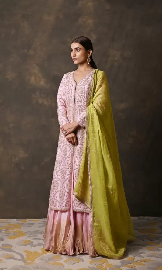 Pink Pure Silk Shirt & Skirt Set with Gotta Patti Handwork
