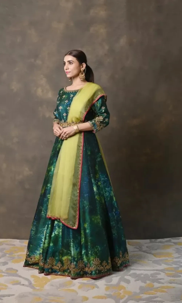 Green & Blue Ombre Raw Silk Anarkali Set