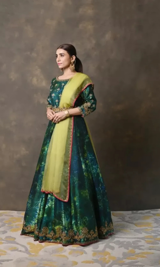 Green & Blue Ombre Raw Silk Anarkali Set