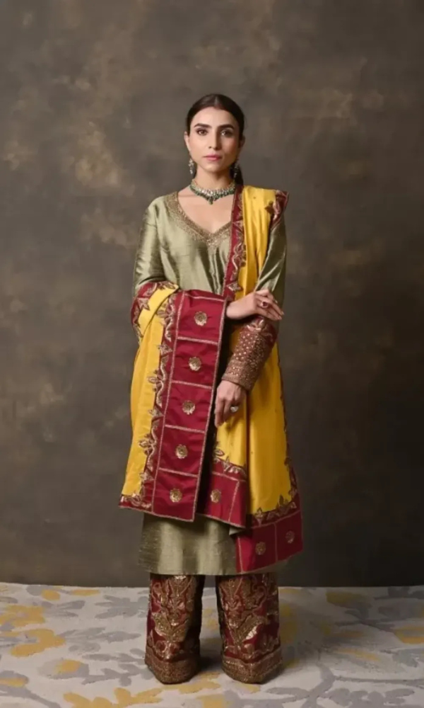 Tri-Colour Pure Raw Silk Suit with Plazo