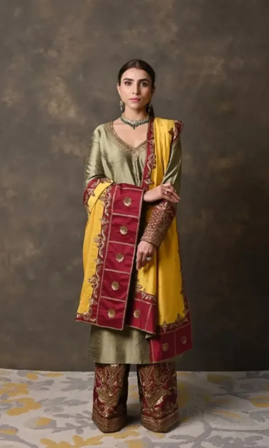 Tri-Colour Pure Raw Silk Suit with Plazo
