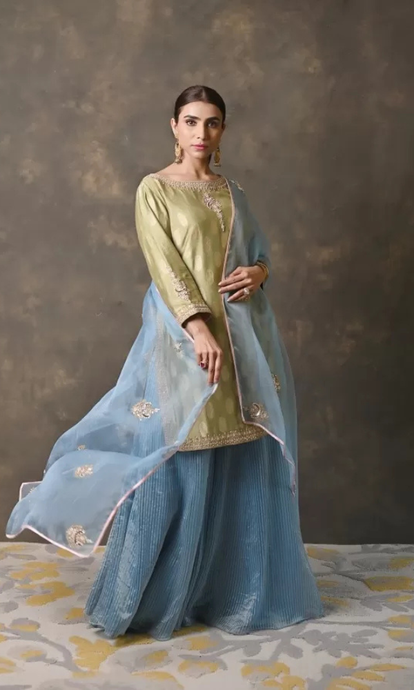 Mehndi Green & Sky Blue Banarasi Chanderi Sharara Set