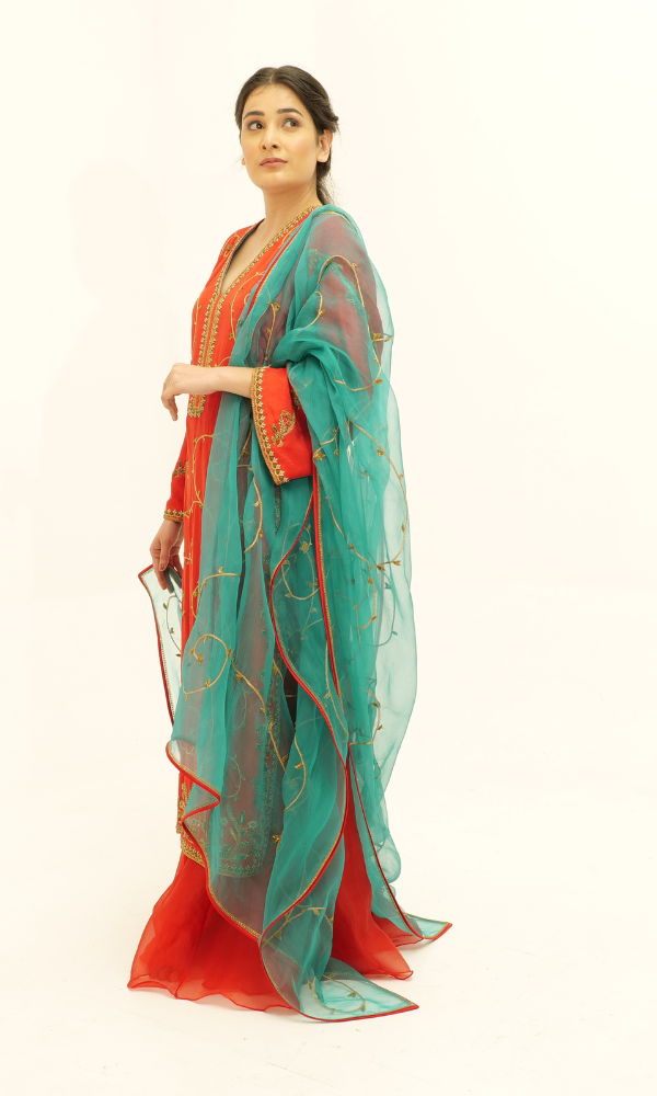 Pan silk shirt & Sharara with organza dupatta