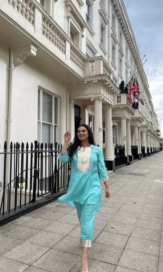 Blue Cotton Silk Kurta Set with Gold & Silver Gotta Work