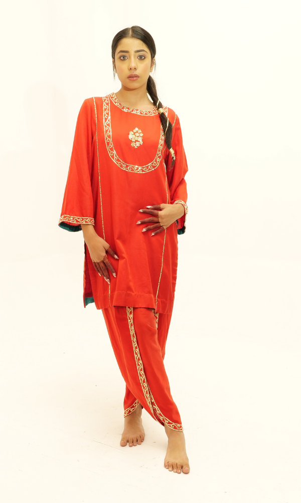 Silk Skirt and Tulip Pants Set with Pearl & Metal Handwork