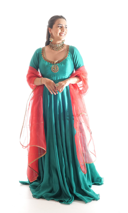 Silk Chanderi Anarkali with Metal Work & Organza Dupatta