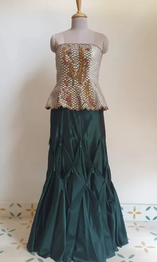 Opulent Ivory & Maroon Zardozi Corset with bottle green skirt