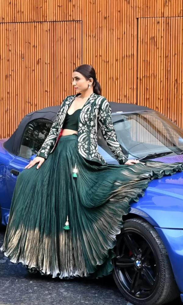 Bottle Green Crushed Skirt Set with Peplum Jacket