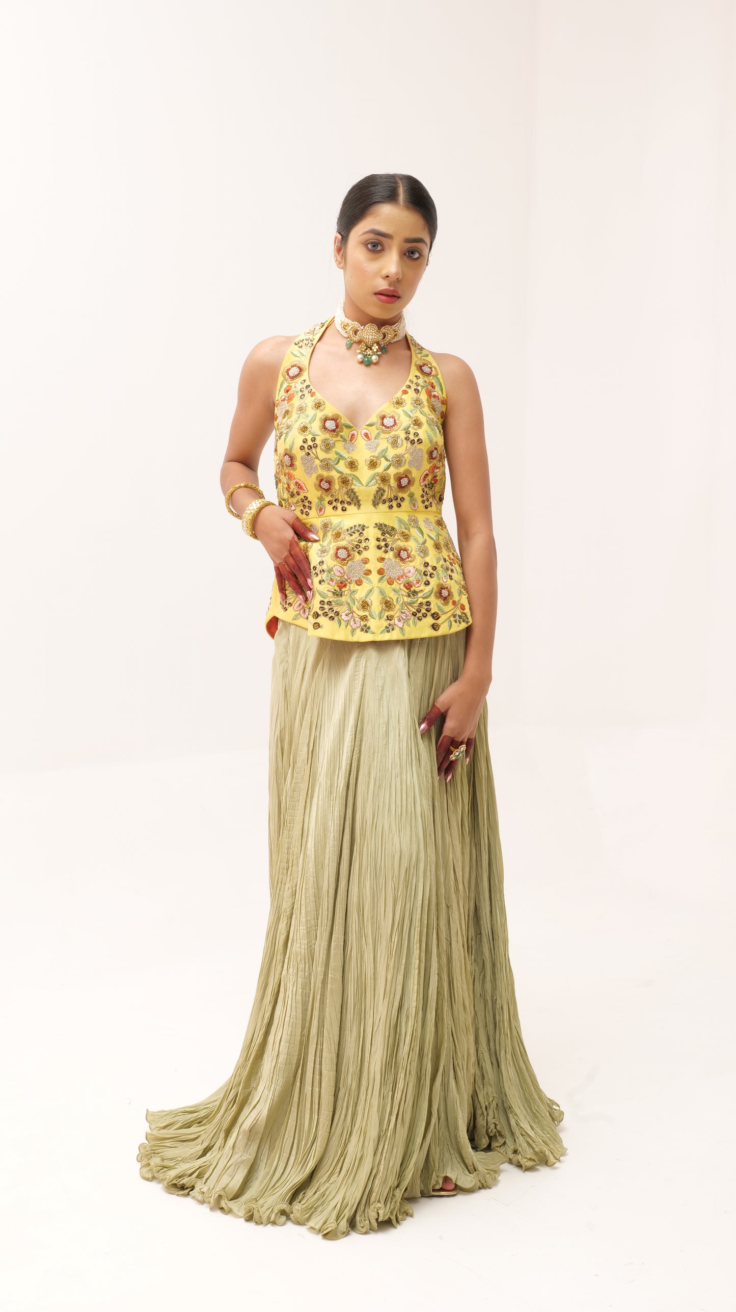 Raw Silk Halter Corset with Handwork and Crushed Opara Skirt