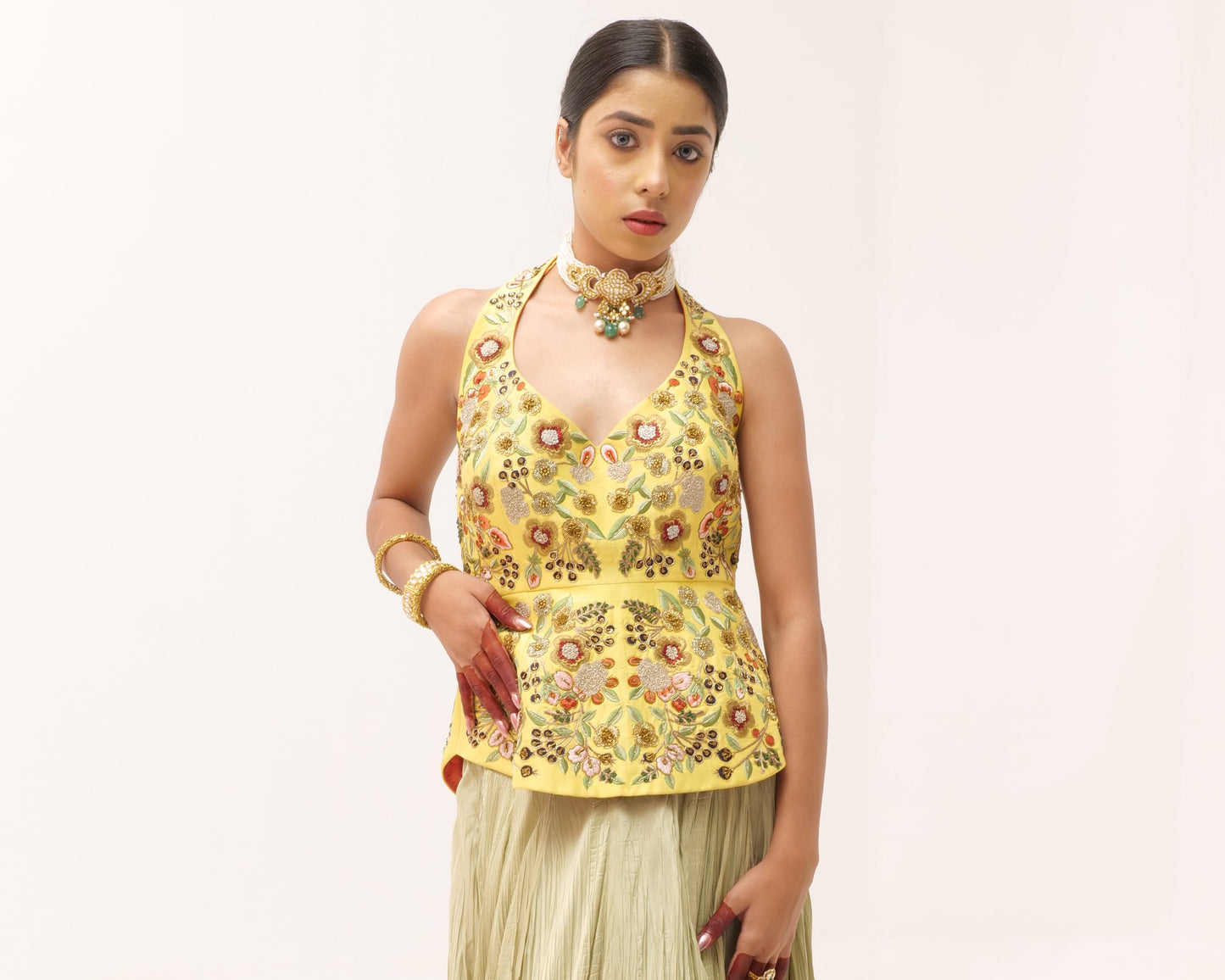 Raw Silk Halter Corset with Handwork and Crushed Opara Skirt