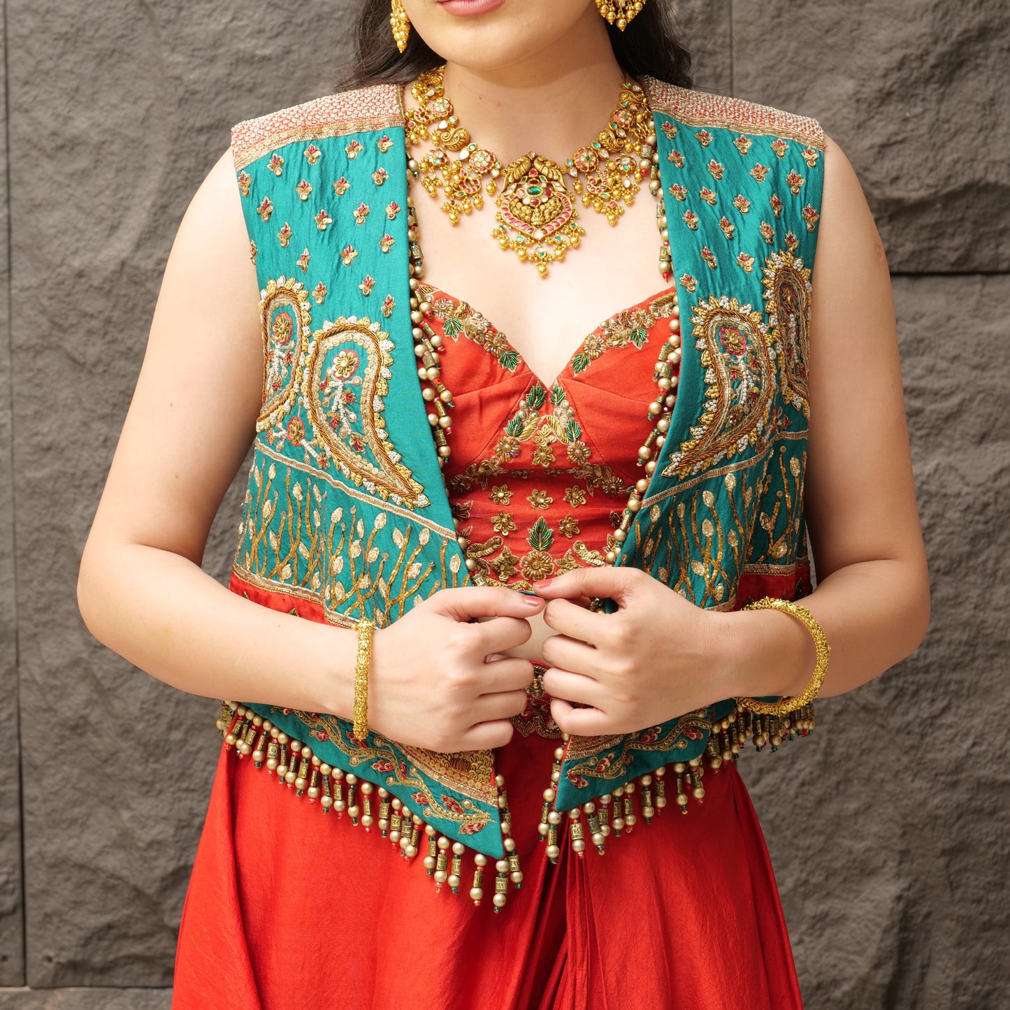 Mix Handwork Raw Silk Jacket with Blouse & Dhoti Skirt