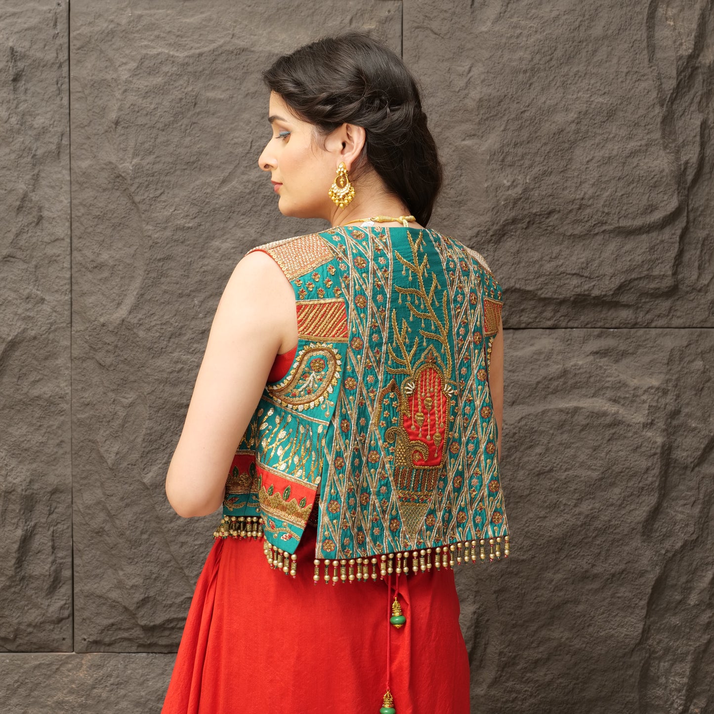 Mix Handwork Raw Silk Jacket with Blouse & Dhoti Skirt