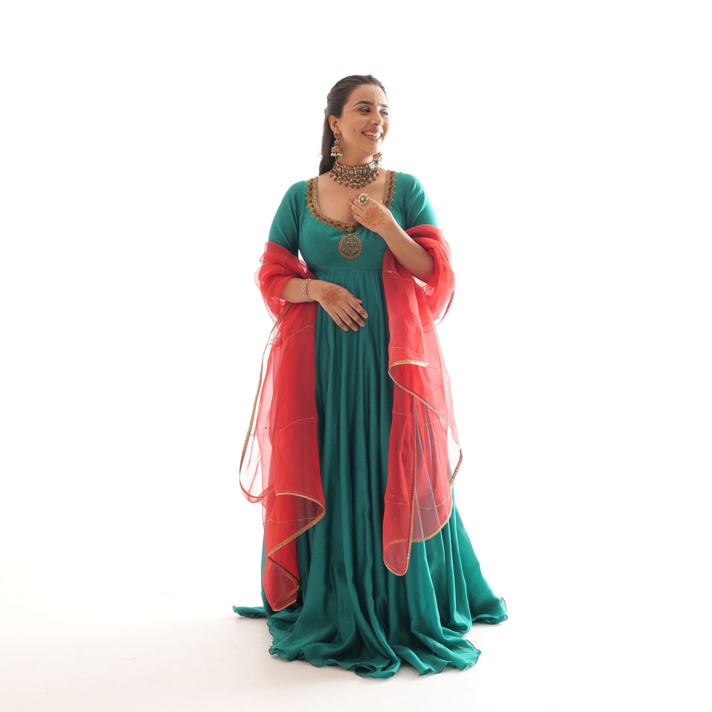 Silk Chanderi Anarkali with Metal Work & Organza Dupatta