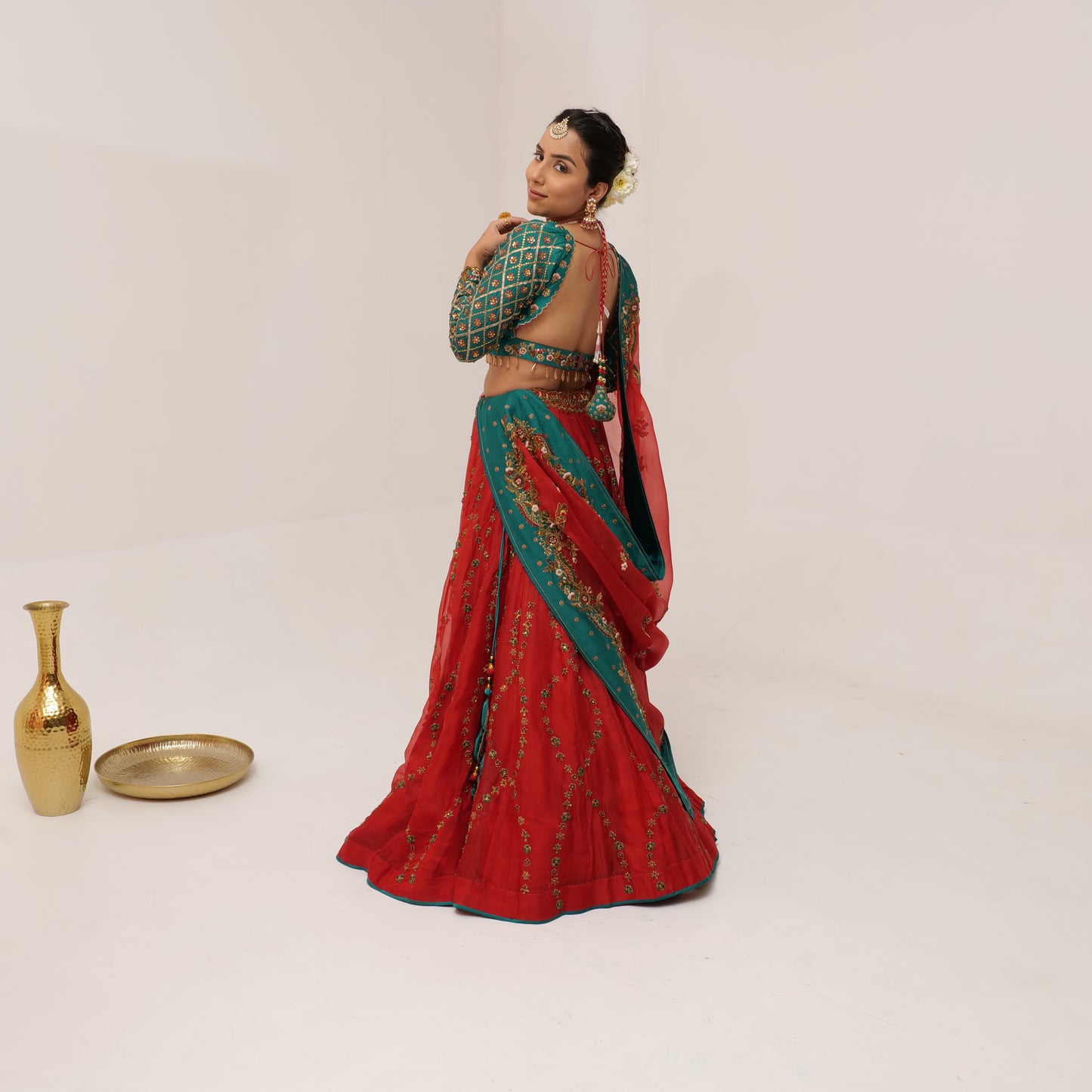 Organza Bridal Lehenga Set with Silk Blouse & Metal Handwork