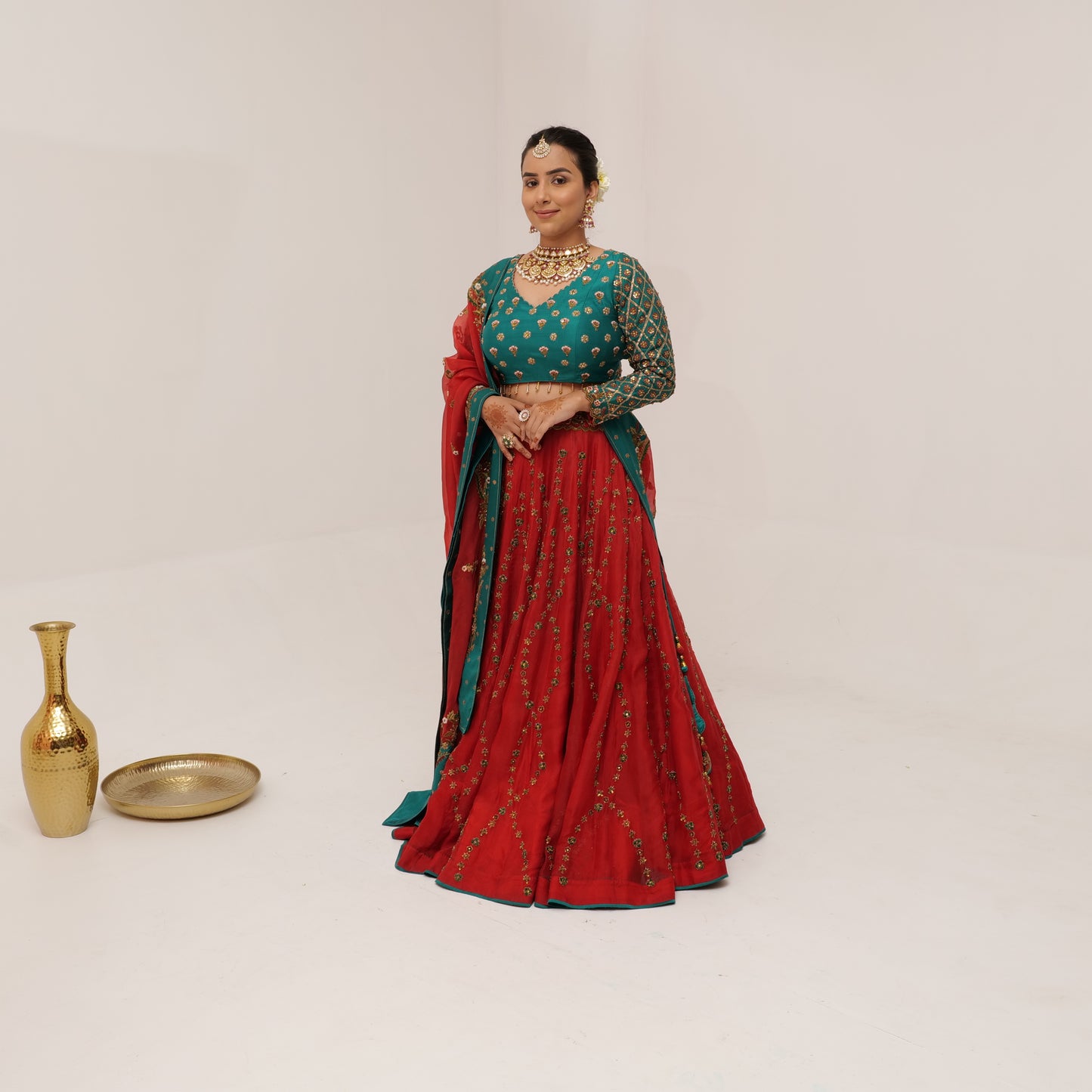 Organza Bridal Lehenga Set with Silk Blouse & Metal Handwork