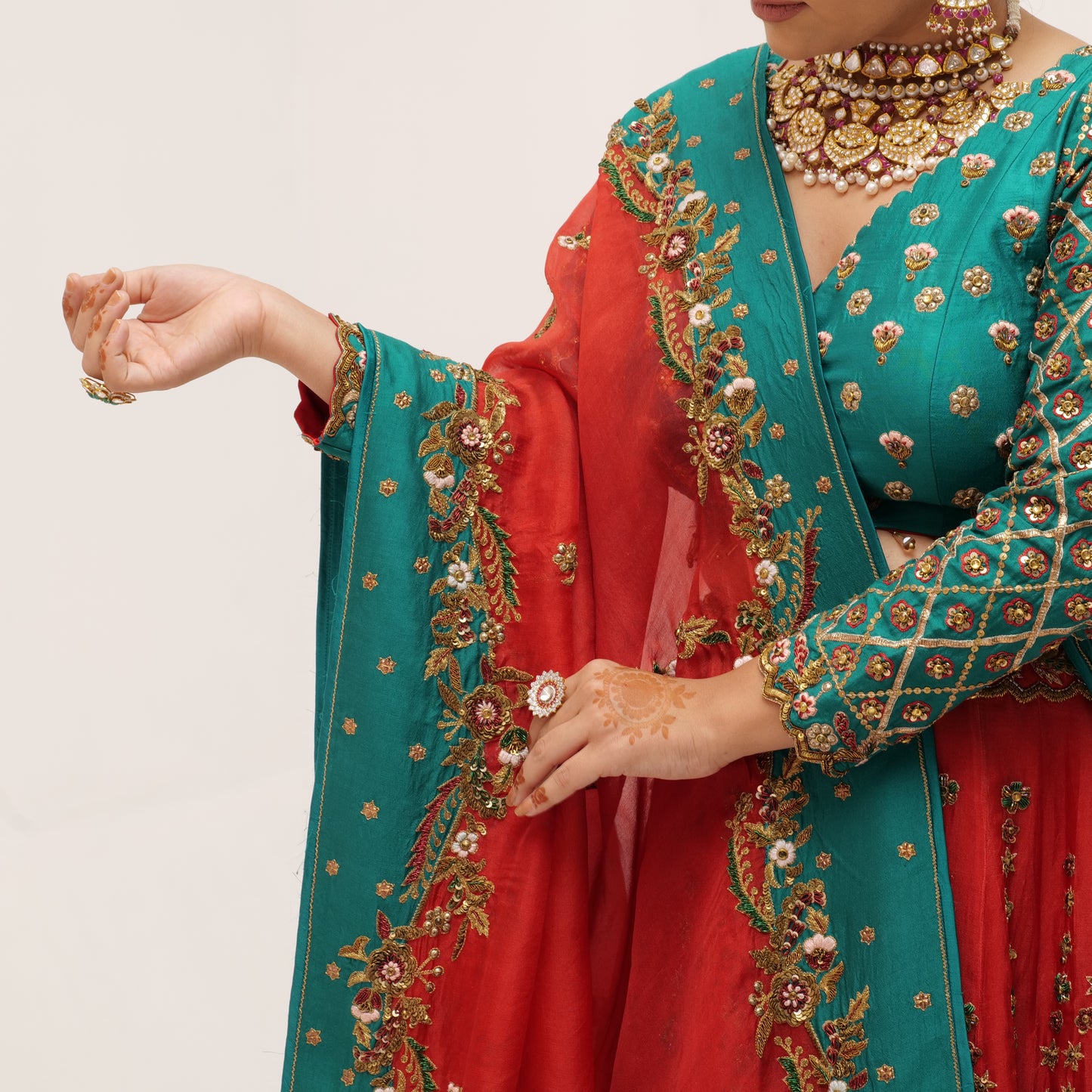 Organza Bridal Lehenga Set with Silk Blouse & Metal Handwork