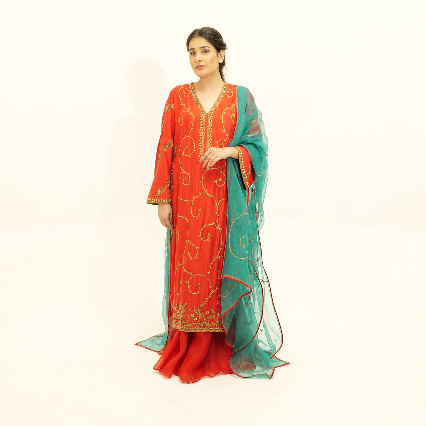 Pan silk shirt & Sharara with organza dupatta