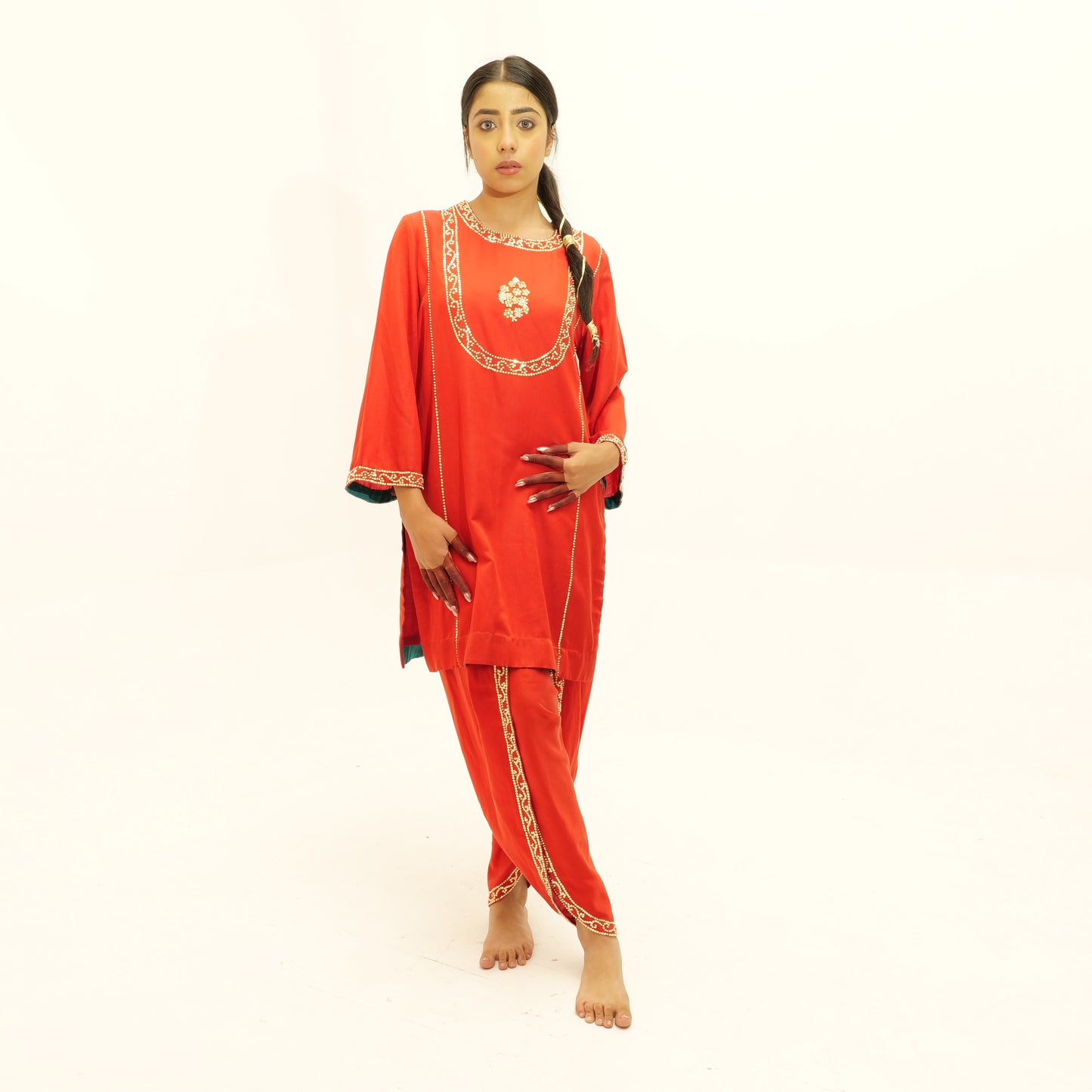 Silk Skirt and Tulip Pants Set with Pearl & Metal Handwork