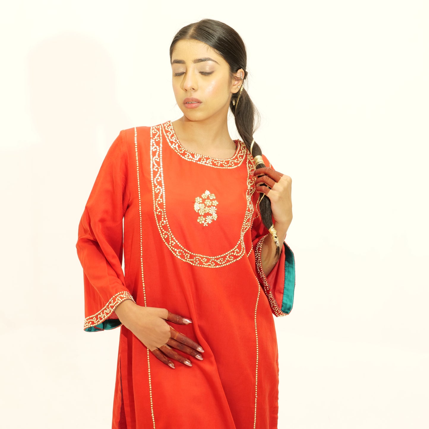 Silk Skirt and Tulip Pants Set with Pearl & Metal Handwork