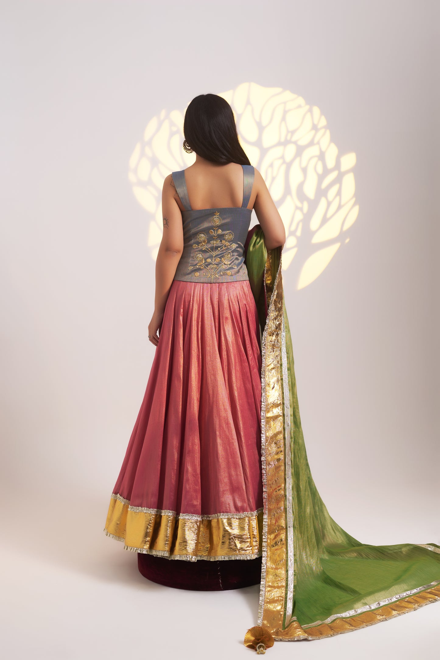Tri-Colour Tissue Chanderi Lehenga Set