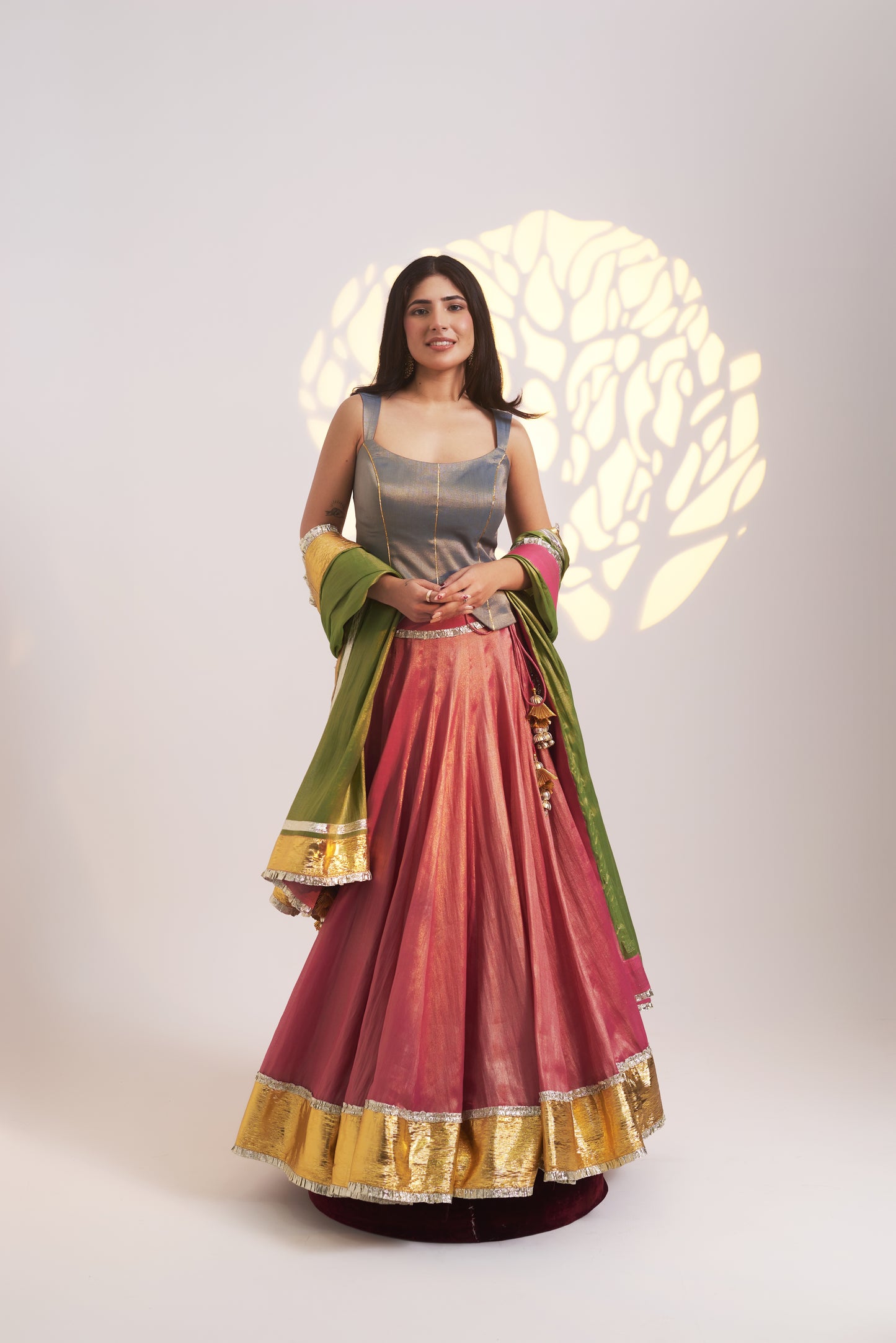 Tri-Colour Tissue Chanderi Lehenga Set
