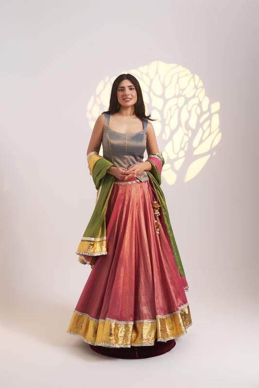 Tri-Colour Tissue Chanderi Lehenga Set