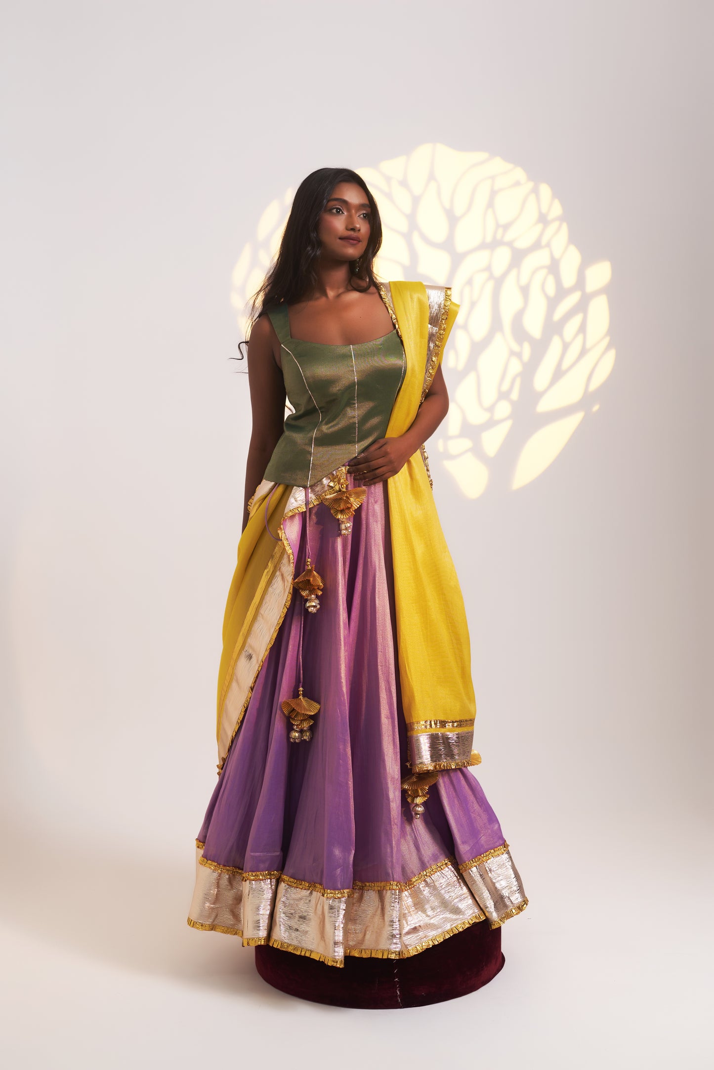 Tri-Colour Tissue Chanderi Lehenga Set