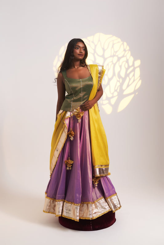 Tri-Colour Tissue Chanderi Lehenga Set
