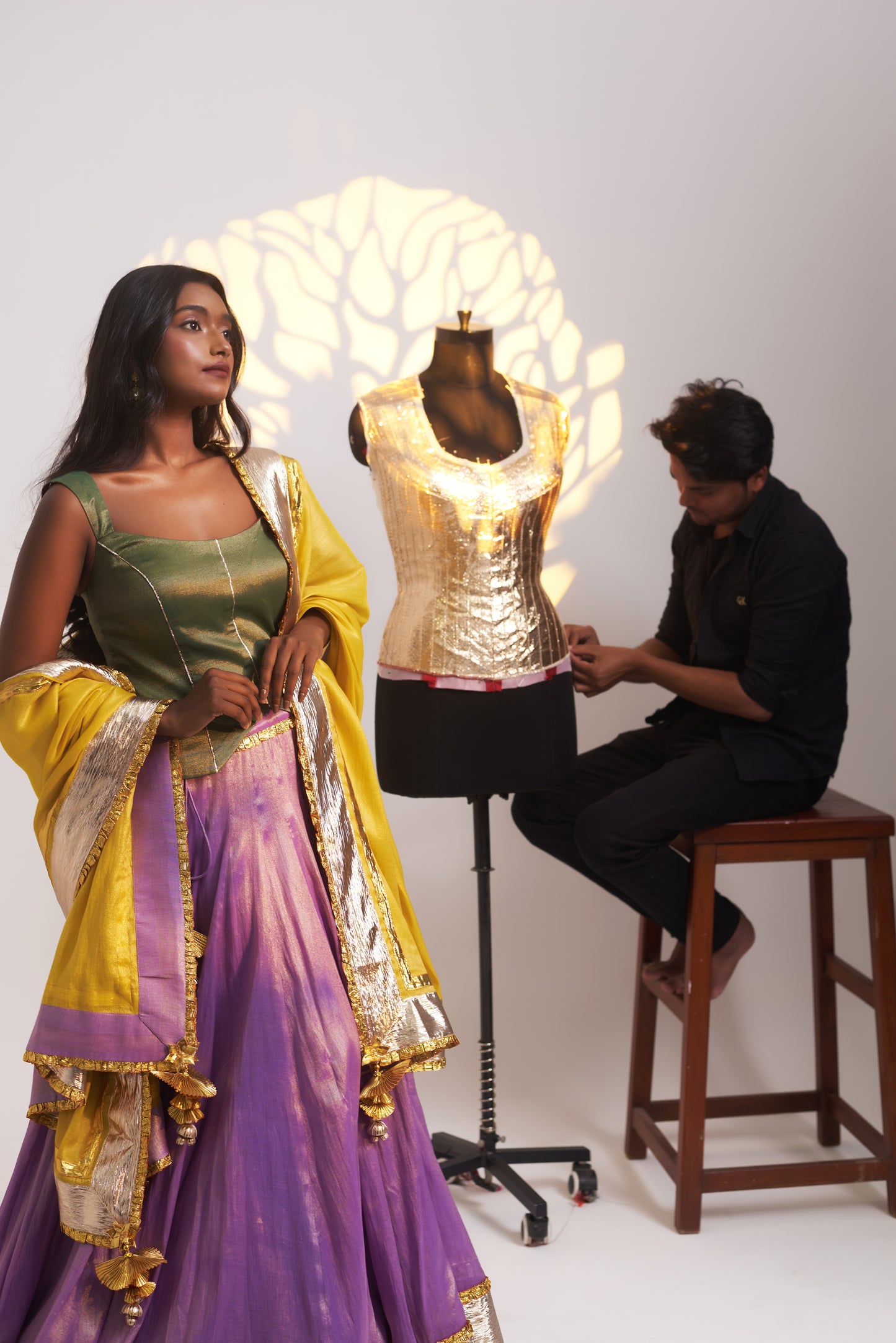 Tri-Colour Tissue Chanderi Lehenga Set