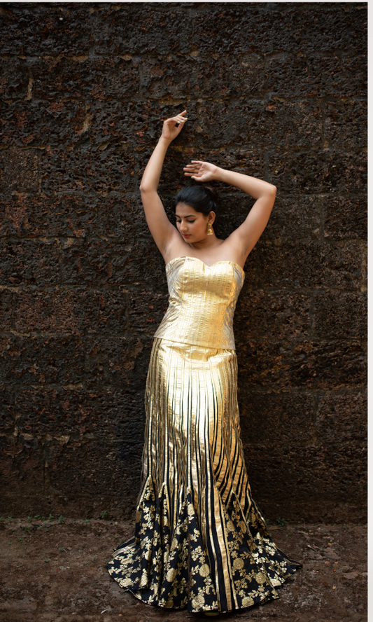 Opulent Gold Gotta Corset with Black Silk Chanderi Skirt
