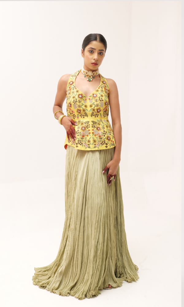 Raw Silk Halter Corset with Handwork and Crushed Opara Skirt