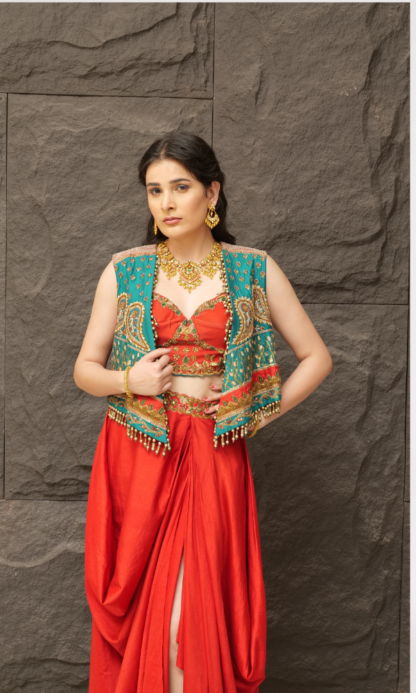 Mix Handwork Raw Silk Jacket with Blouse & Dhoti Skirt