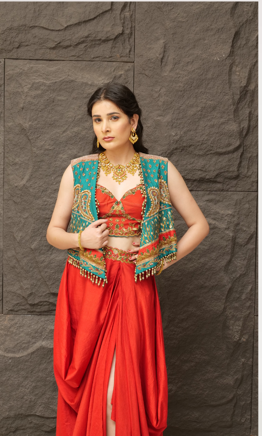 Mix Handwork Raw Silk Jacket with Blouse & Dhoti Skirt