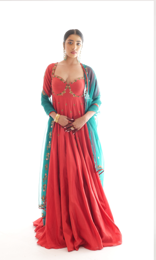 Silk Chanderi Anarkali with Metal Work & Organza Dupatta
