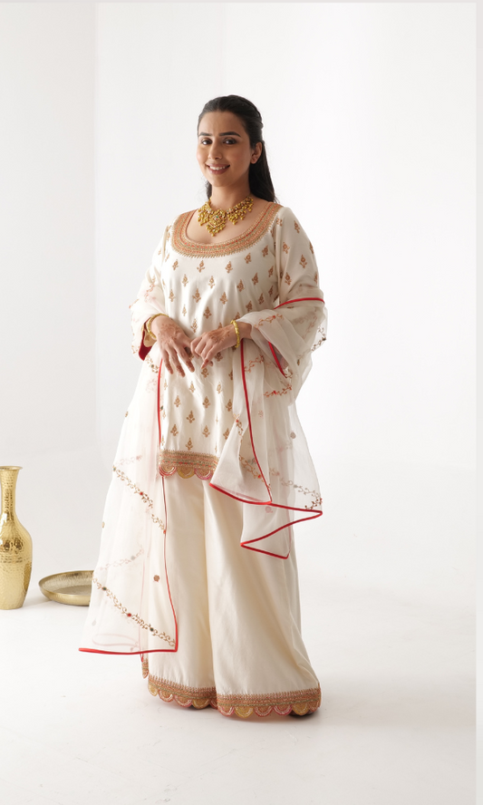 Pan Silk Sharara Set with Marori Work and Organza Dupatta